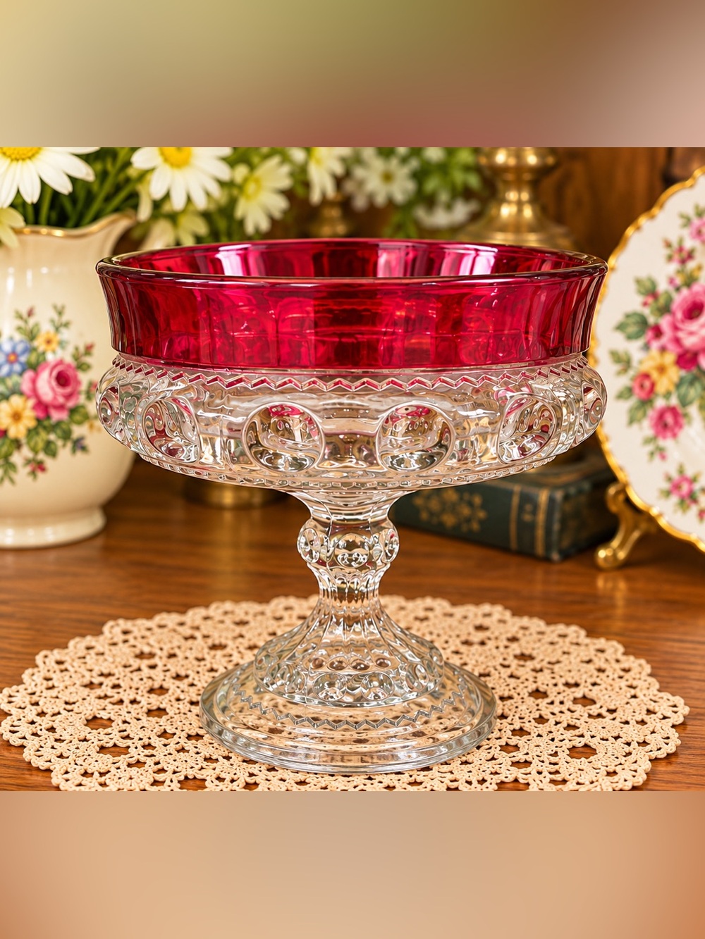 Vintage Large Indiana Glass Kings Crown Thumbprint Pedestal Compote Candy
